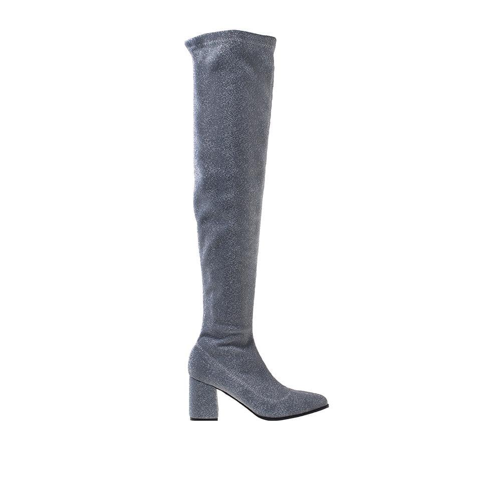 Thigh high boots in silver with textile upper and block heels.