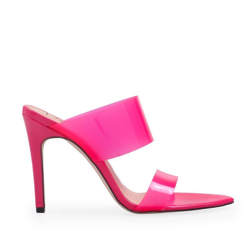 Fuchsia colored heels with translucent upper and slip on style