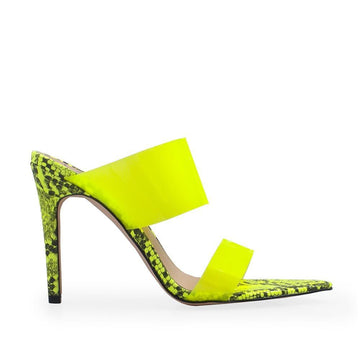 Yellow colored heels with snake pattern and translucent upper with slip on style