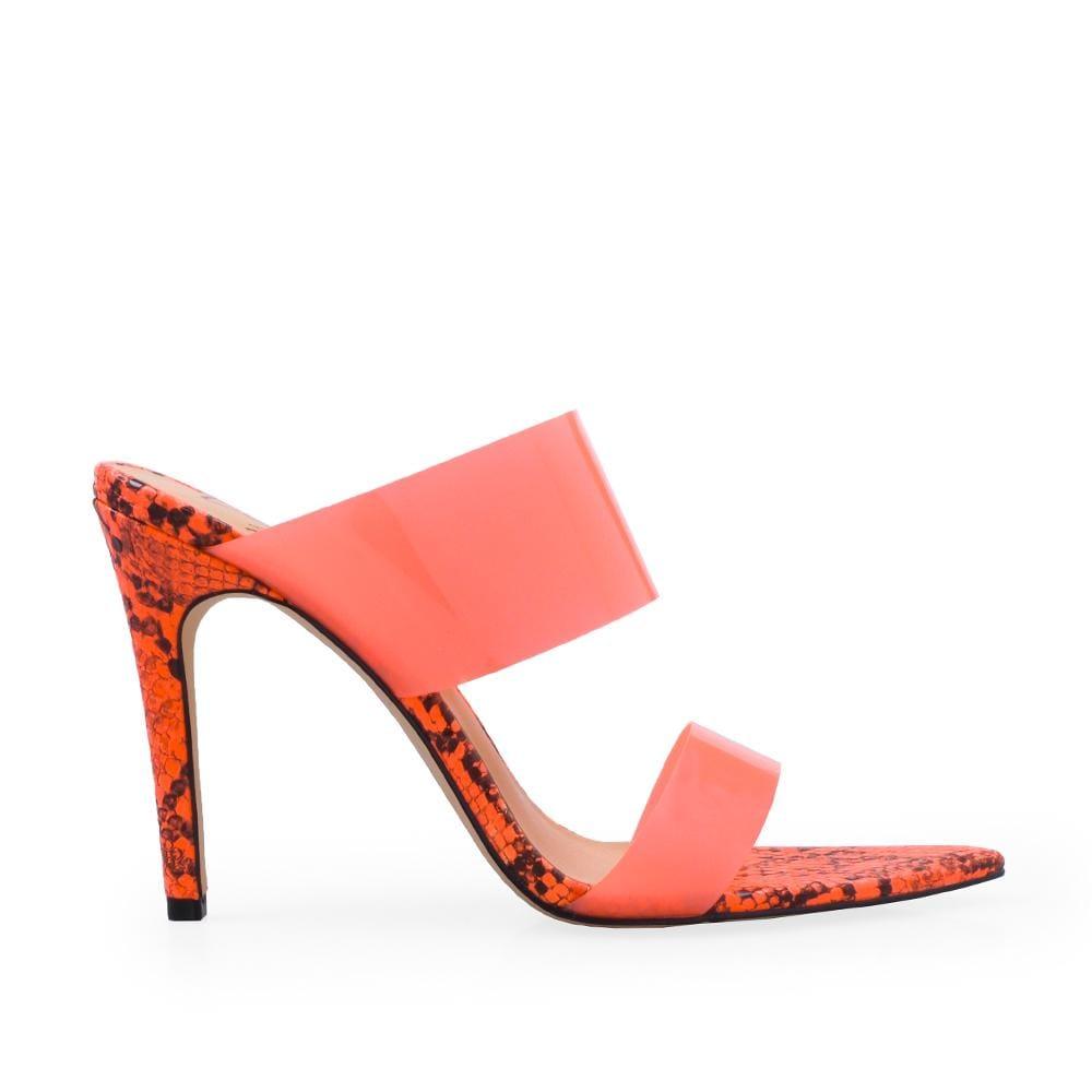 Orange colored heels with snake pattern and translucent upper with slip on style