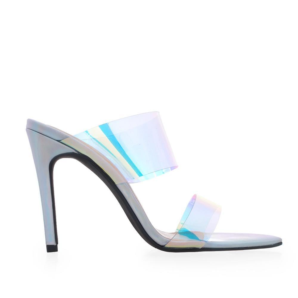 Silver multi colored heels with translucent upper and slip on style