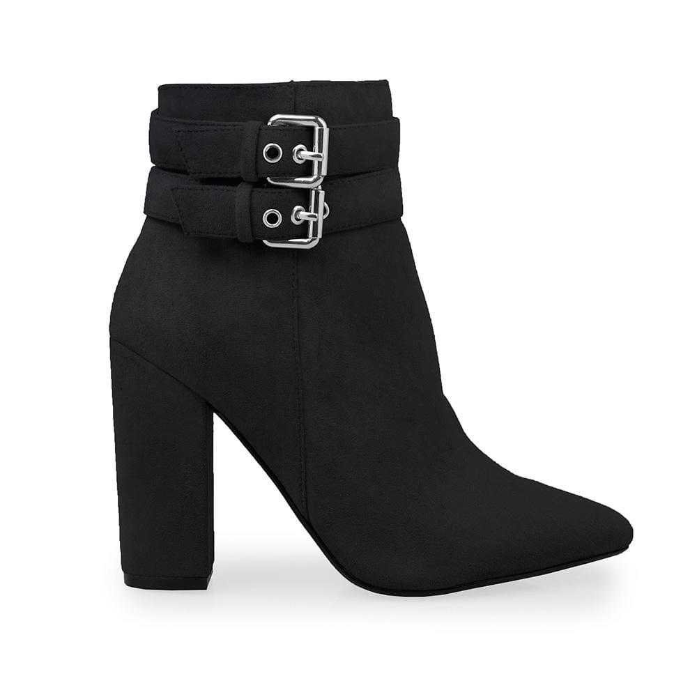 Ankle boot in black color with block heels, buckle accent, and side zipper closure.