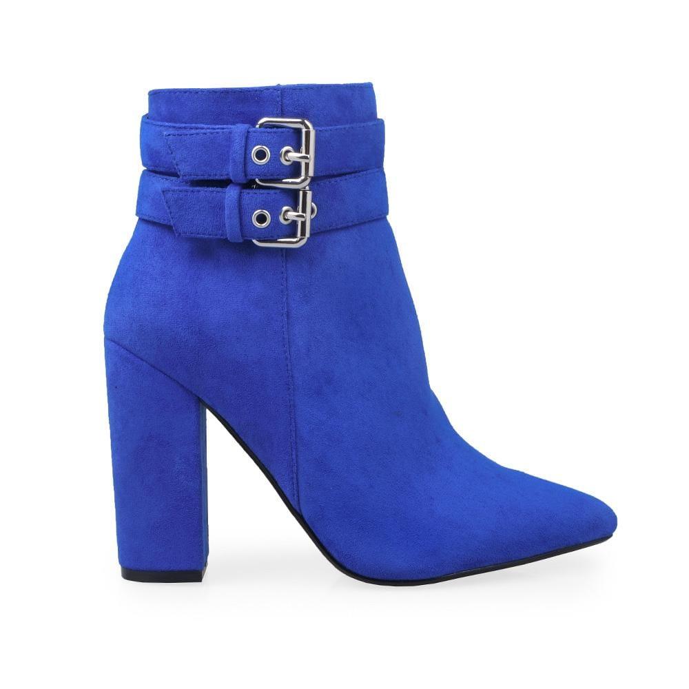 Cobalt ankle boot with block heels, buckle accent and side zipper clasp