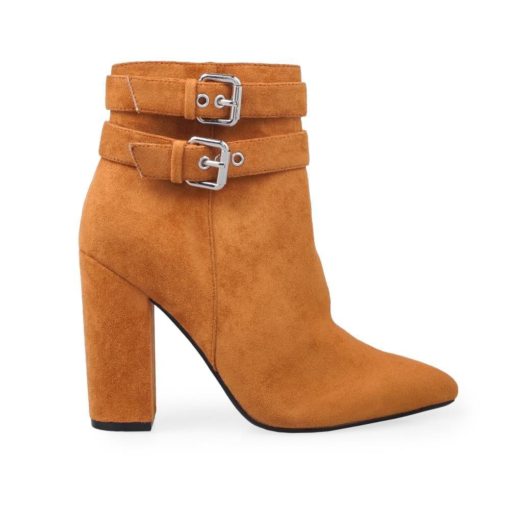 Cognac ankle boot with block heels, buckle accent, and side zipper fastening.