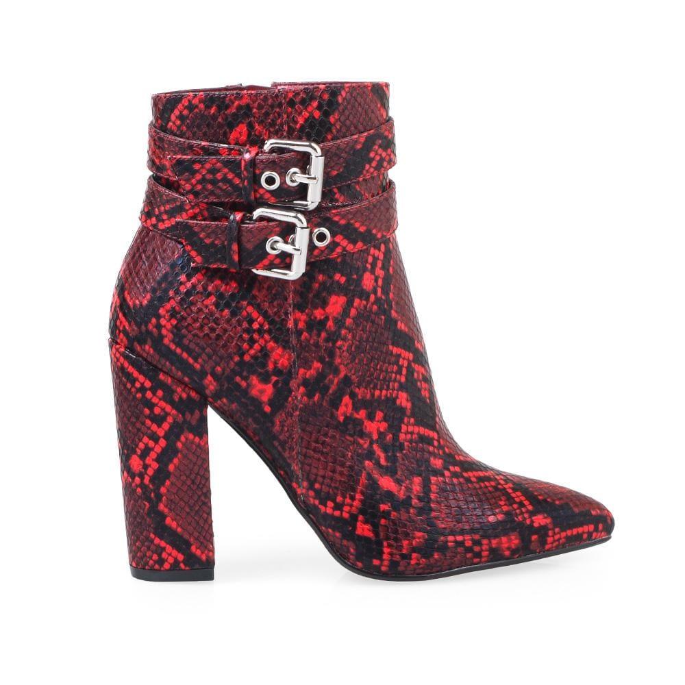 Red snake patterned ankle boot with block heels, buckle accent and side zipper clasp