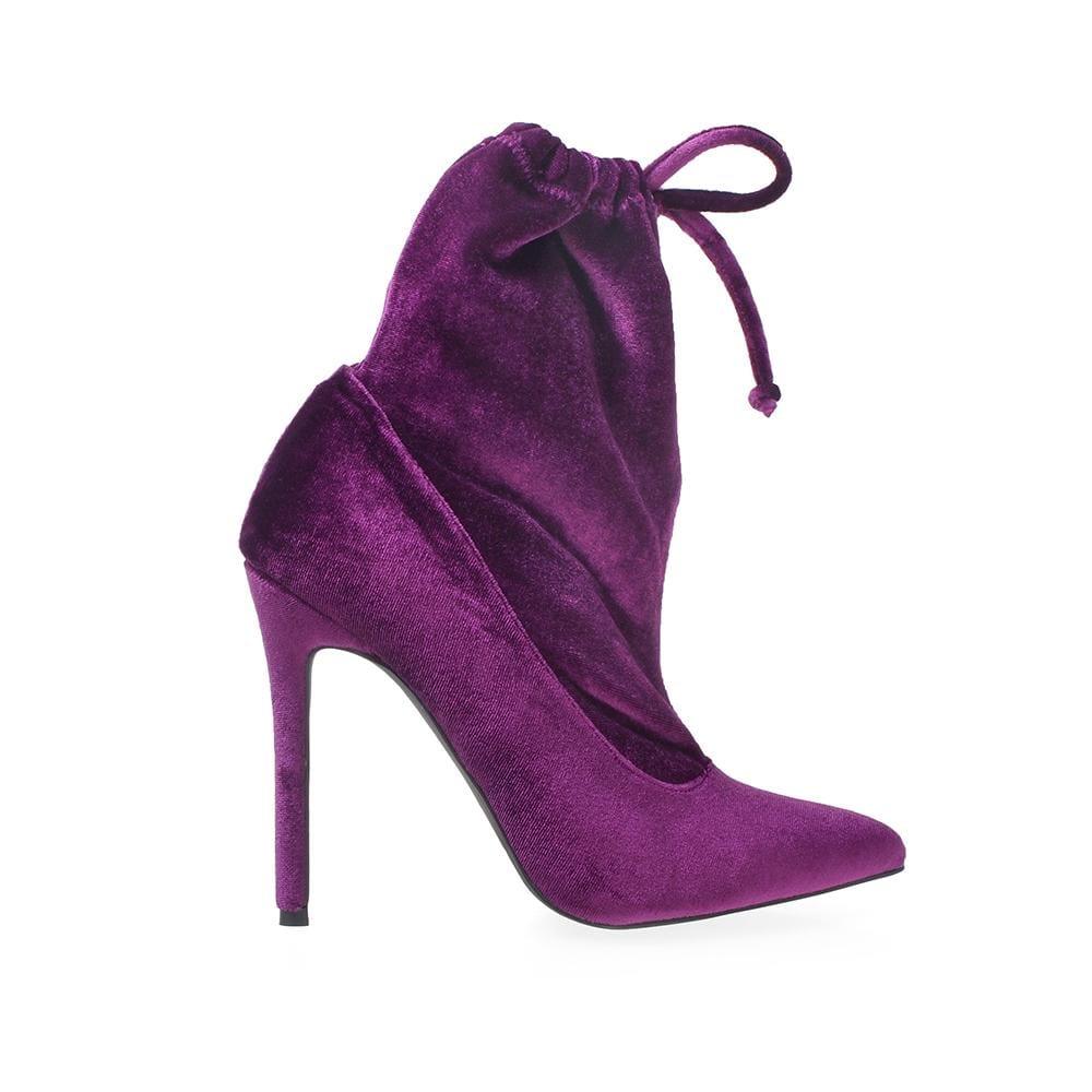 Purple velvet women heels with pull-on style, lace-up closure and pointed toe