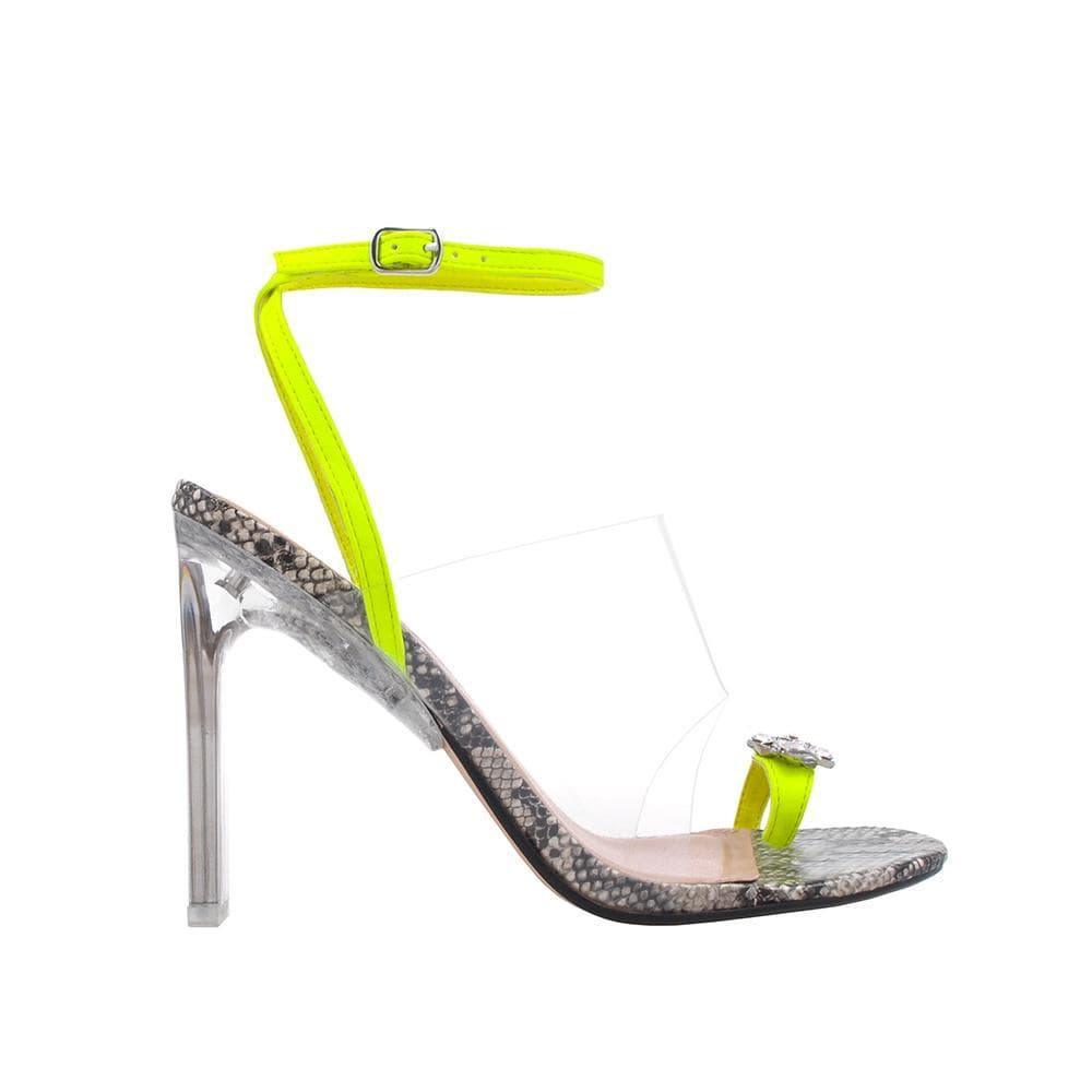 Snake pattern heel for women with clear strap and yellow ankle buckle clasp