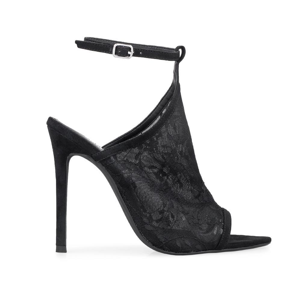 Black-colored women's heels with floral design top strap and ankle buckle clasp