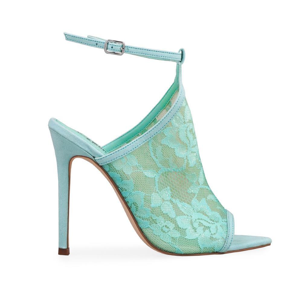 Women's mint-colored heels with floral design top strap and ankle buckle clasp