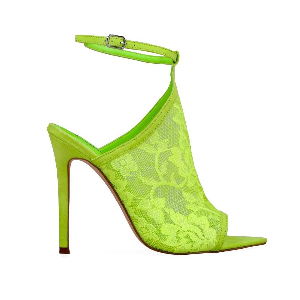 Green colored women heels with floral design strap upper and ankle buckle clasp