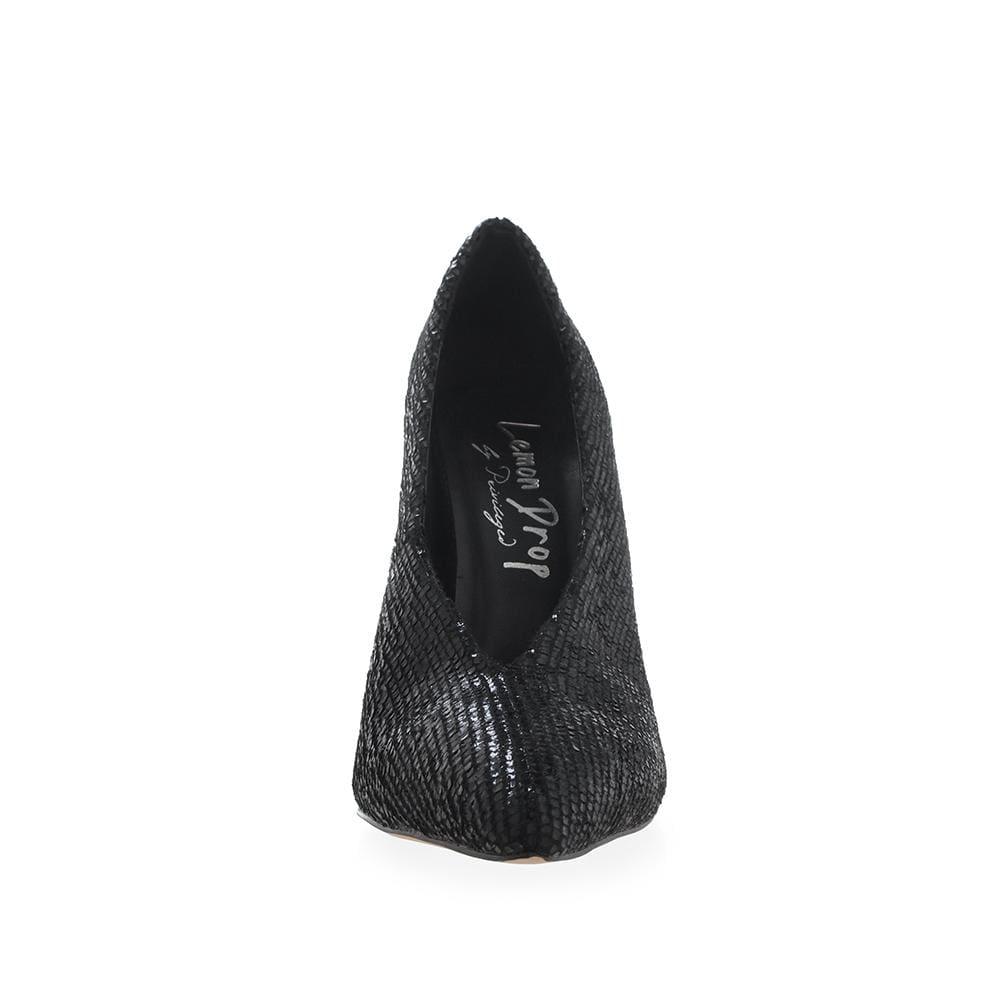 Textile upper women's heel in black-front view