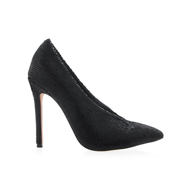 Textile upper women's heel in black-side view