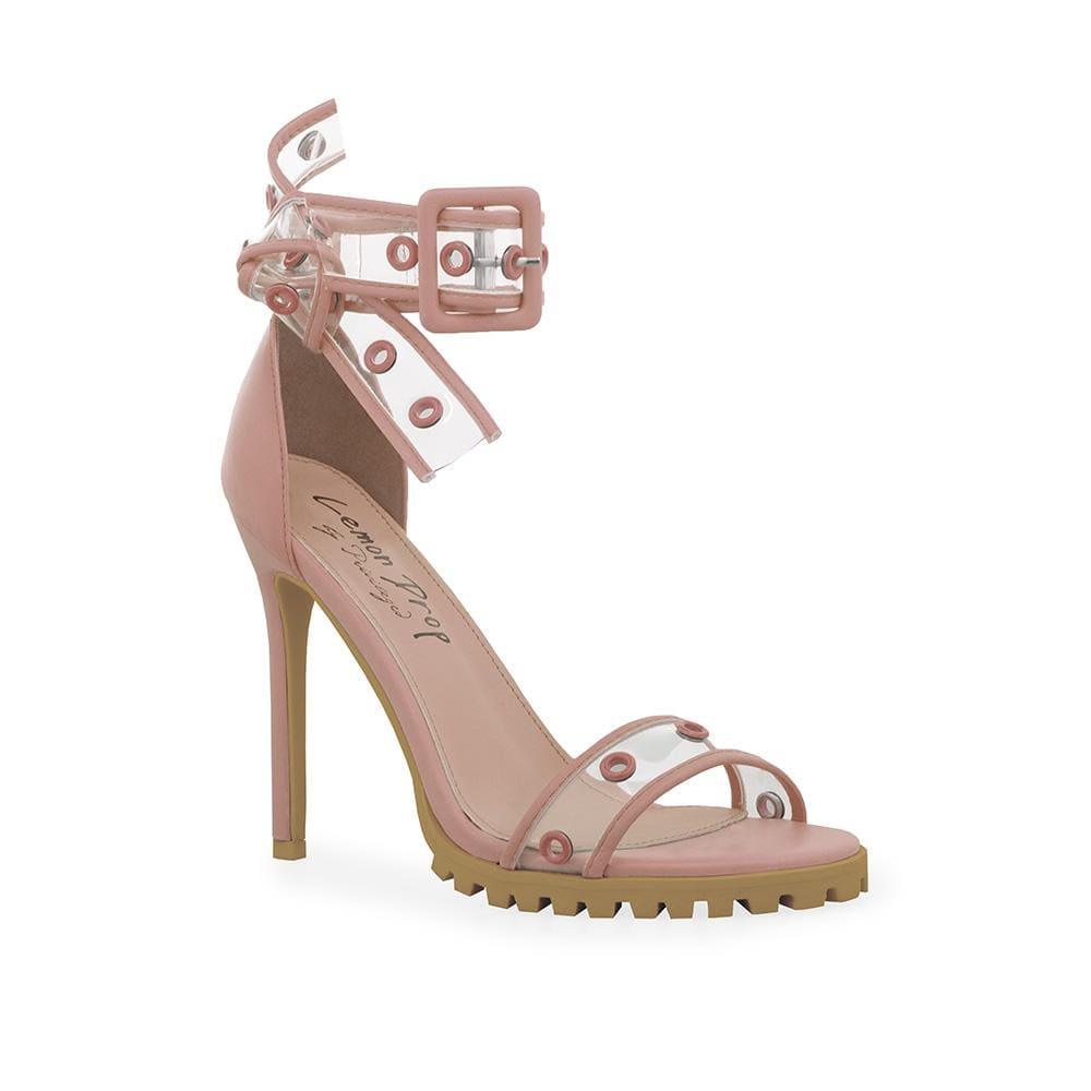 Nude women's heels with clear vinyl ankle straps-corner view