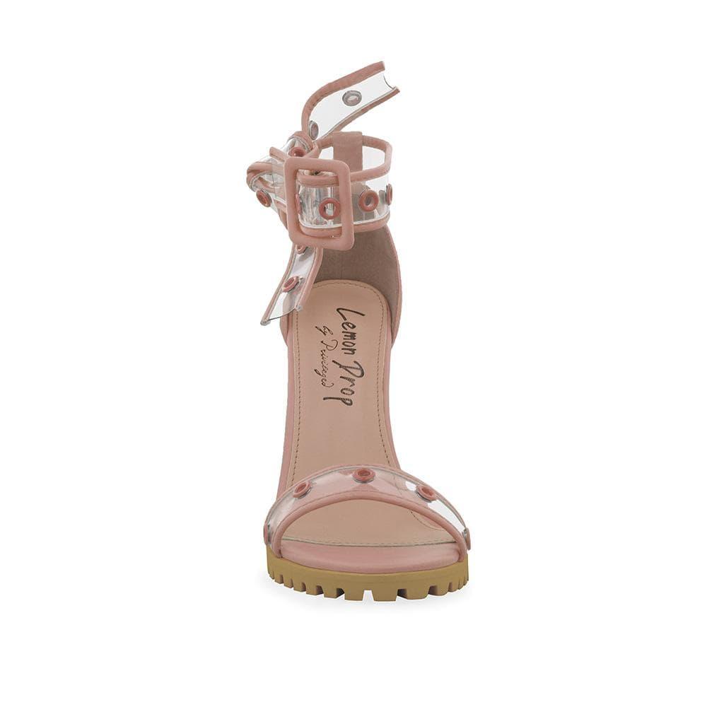 Nude women's heels with clear vinyl ankle straps-front view