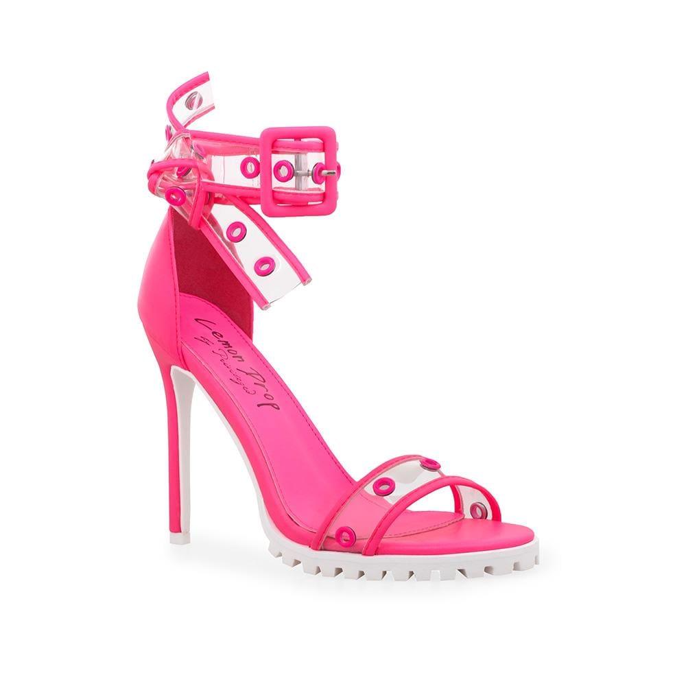 Neon pink women's heels with clear vinyl ankle straps-corner view