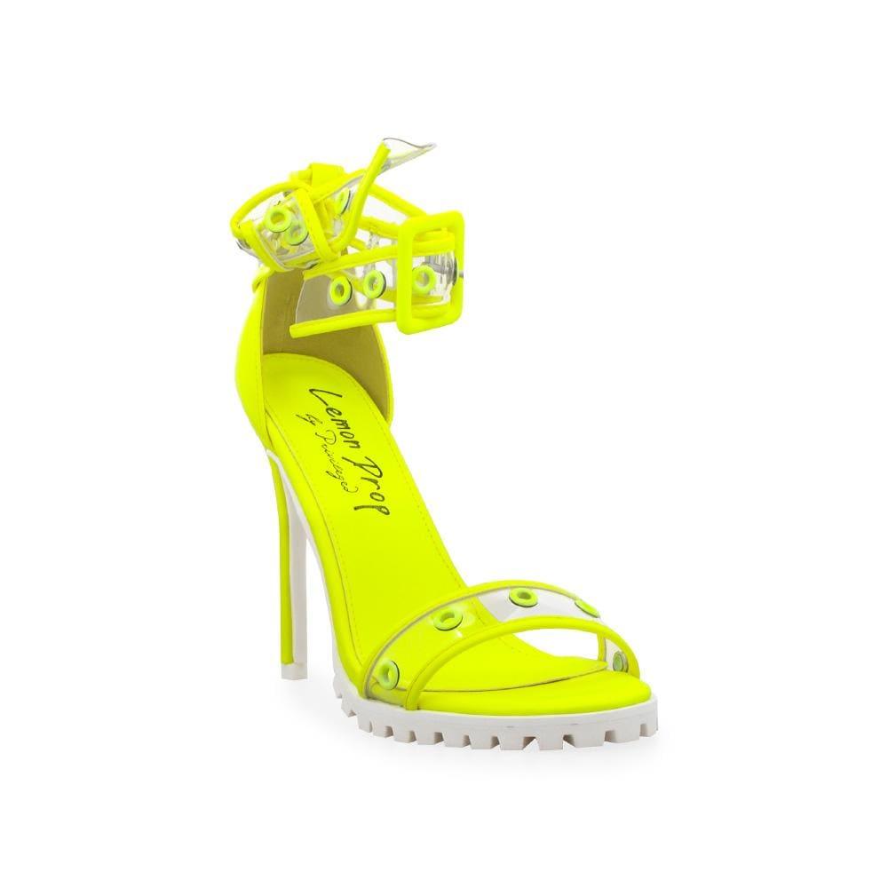 Neon yellow women's heels with clear vinyl ankle straps-corner view