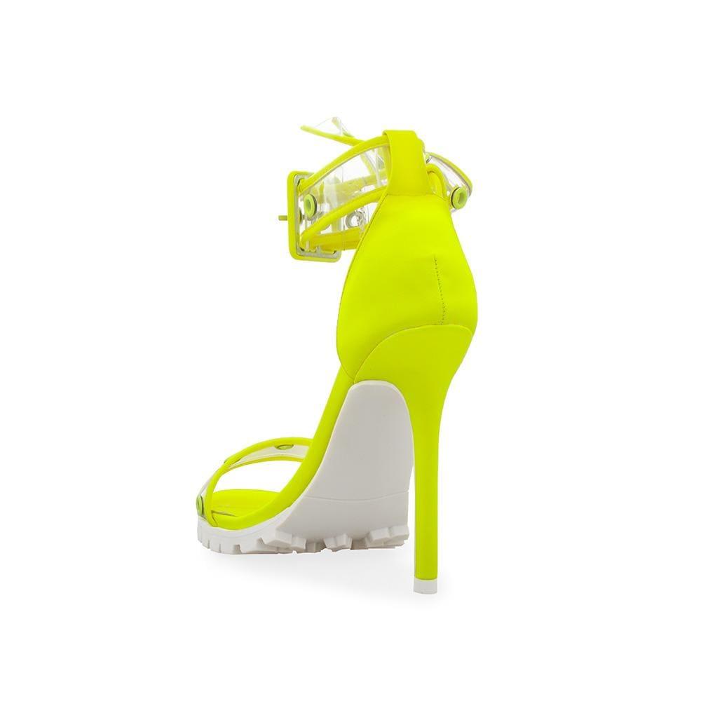 Neon yellow women's heels with clear vinyl ankle straps-posterior view