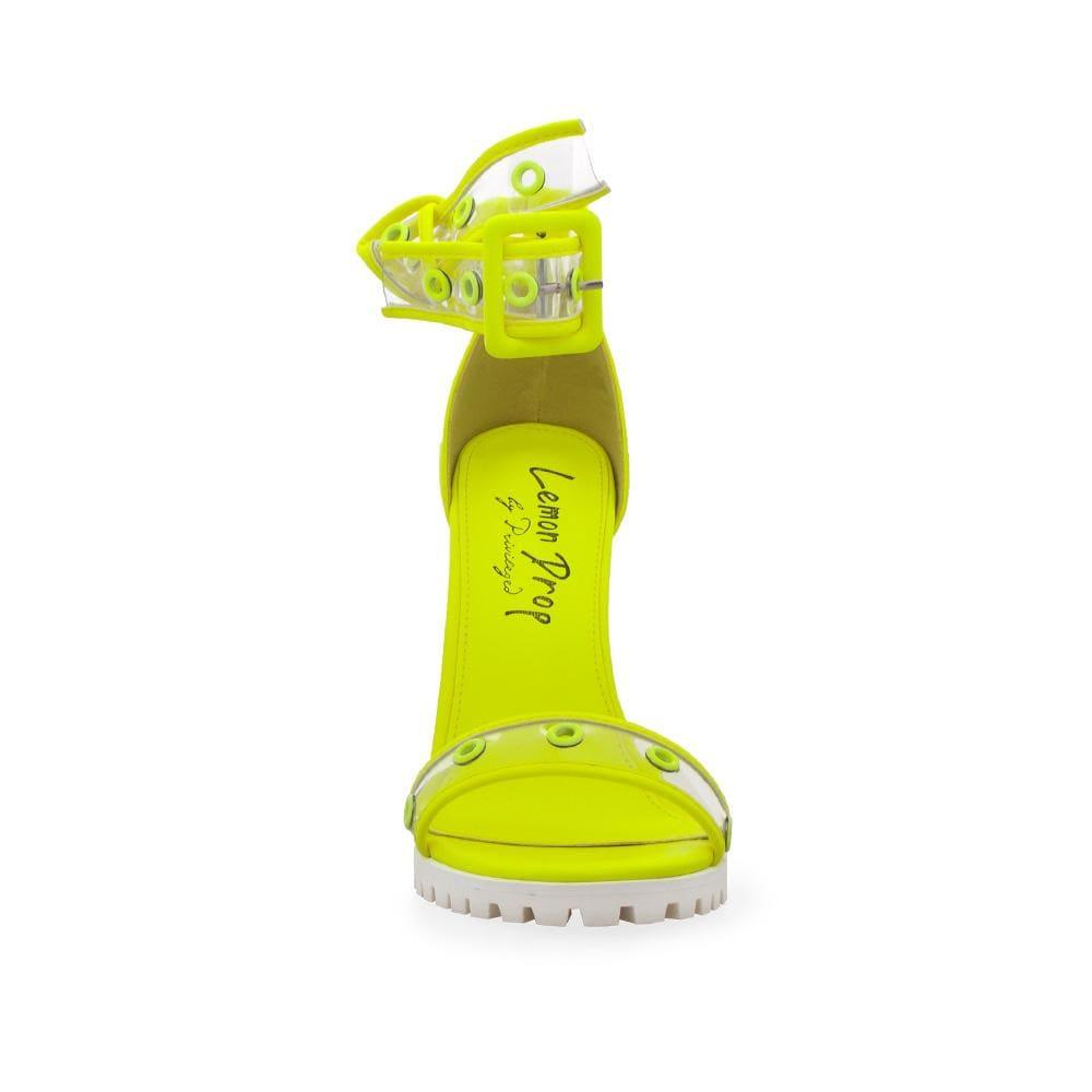 Neon yellow women's heels with clear vinyl ankle straps-front view