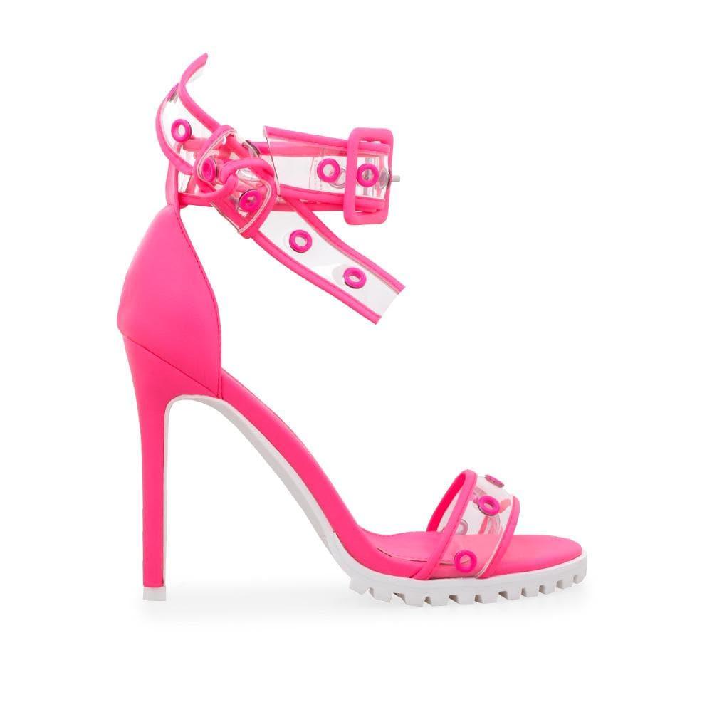 Neon pink women's heels with clear vinyl ankle straps-side view