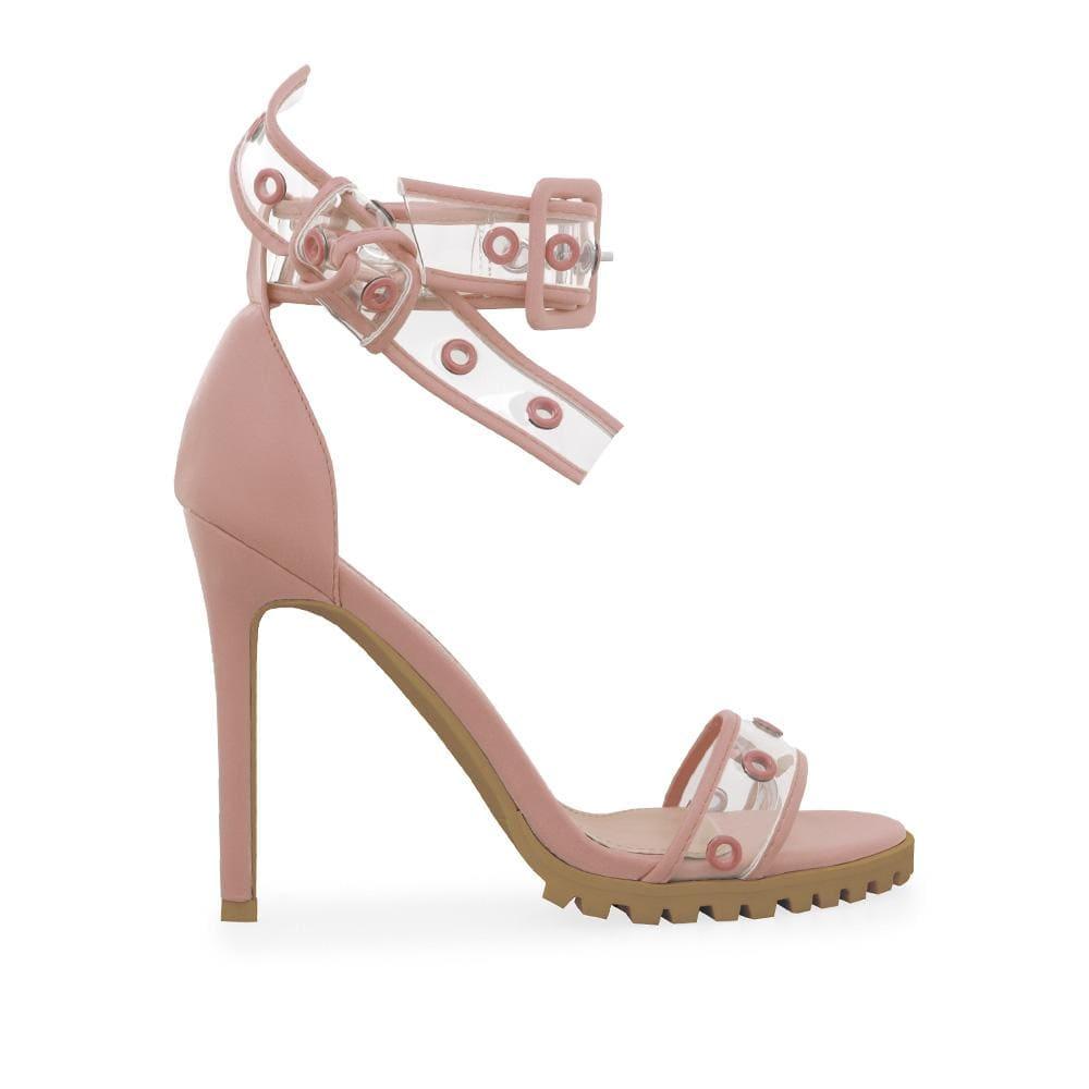 Nude women's heels with clear vinyl ankle straps-side view