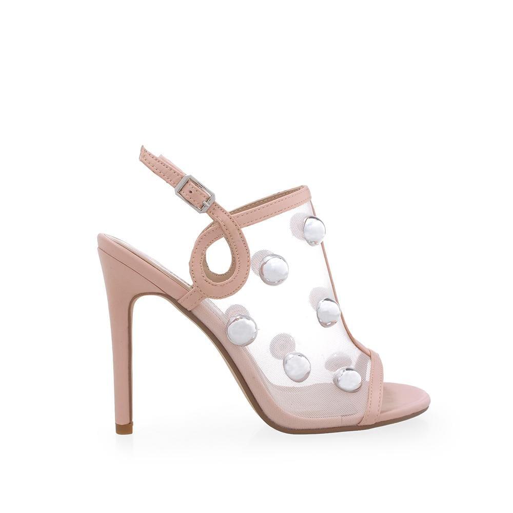 Blush pink mesh upper with metallic silver dome accents women's heel-side view