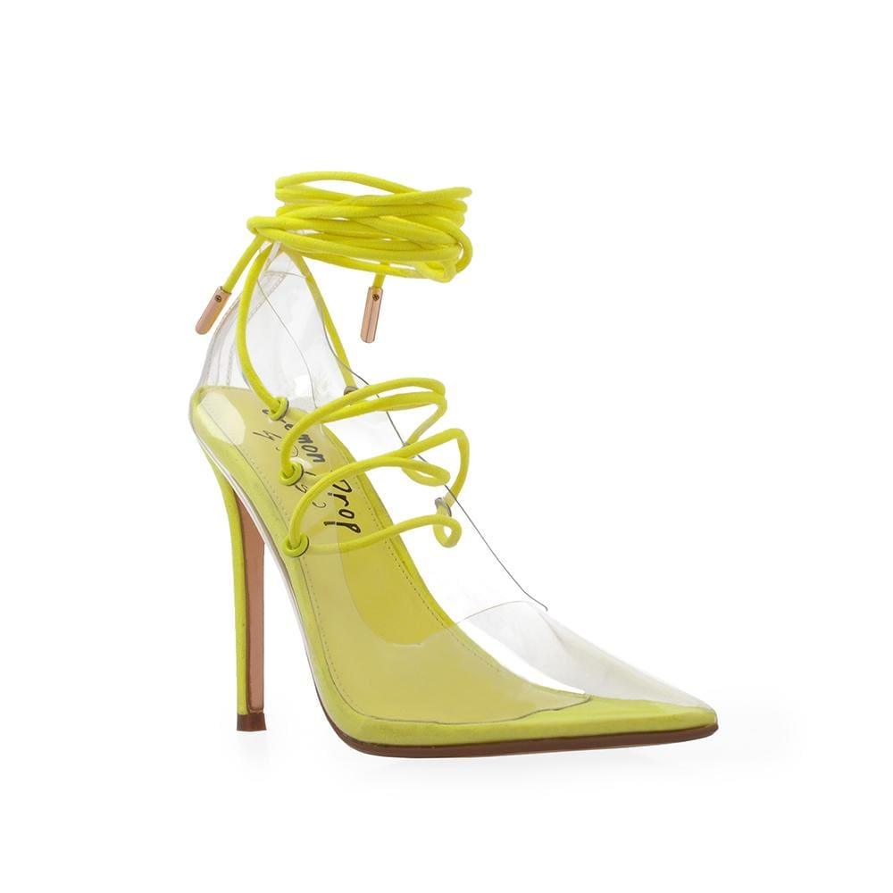 Transparent vinyl top women's heel with lace front in neon yellow-corner view