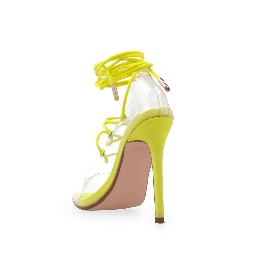 Transparent vinyl top women's heel with lace front in neon yellow-posterior view