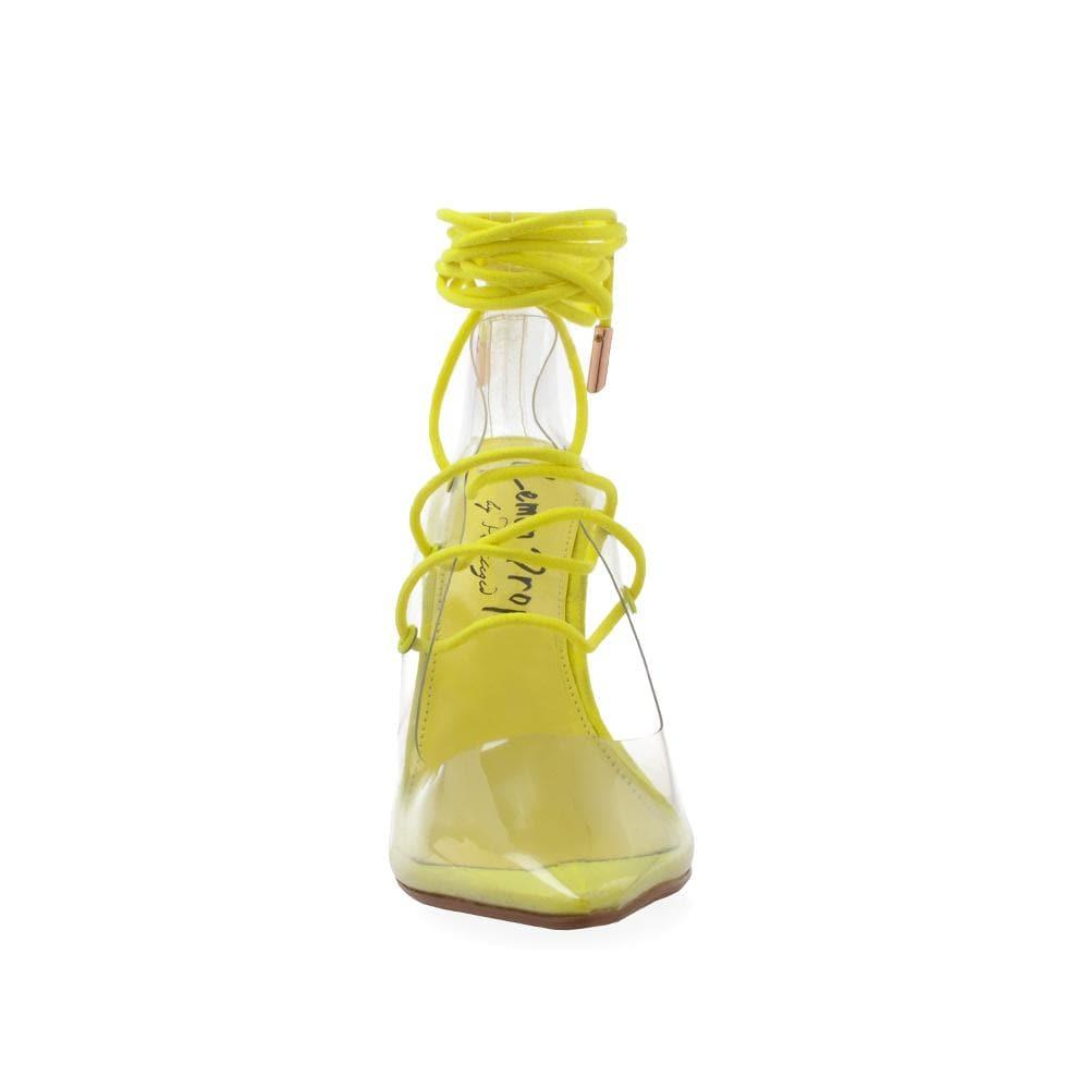 Transparent vinyl top women's heel with lace front in neon yellow-front view