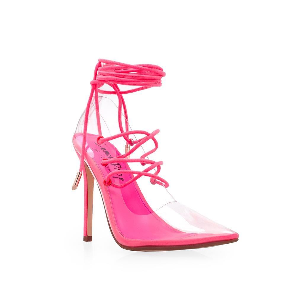 Transparent vinyl top women's heel with lace front in neon pink-corner view