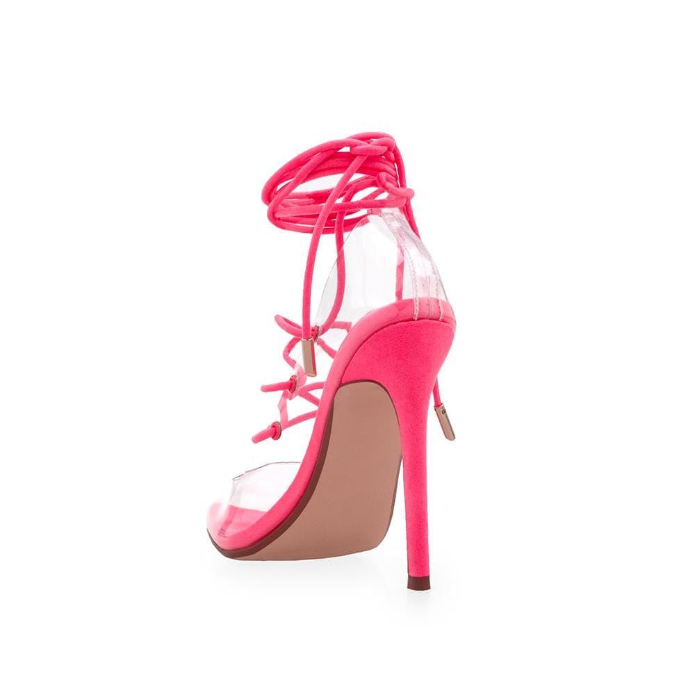 Transparent vinyl top women's heel with lace front in neon pink-posterior view