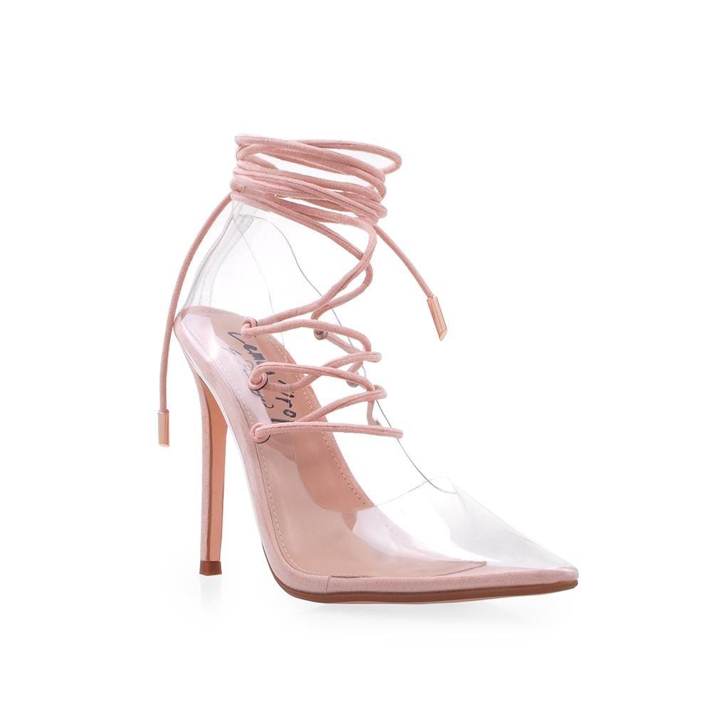 Transparent vinyl top women's heel with lace front in blush pink-corner view