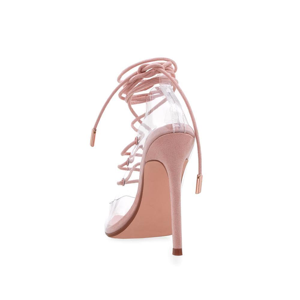 Transparent vinyl top women's heel with lace front in blush pink-posterior view