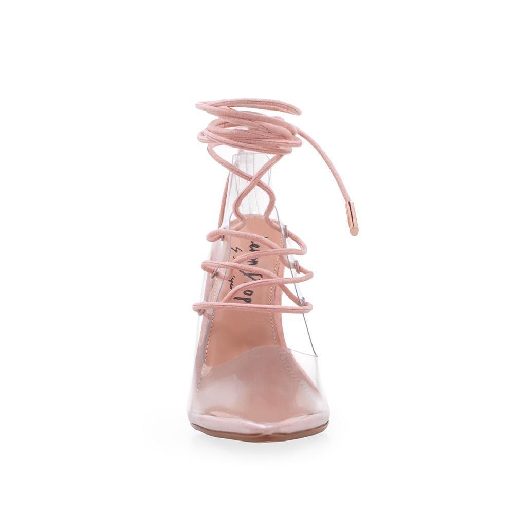 Transparent vinyl top women's heel with lace front in blush pink-front view