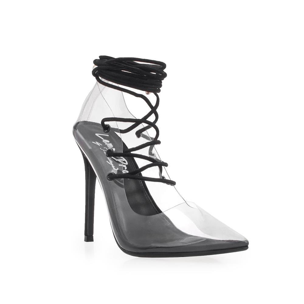 Transparent vinyl top women's heel with lace front in black-corner view