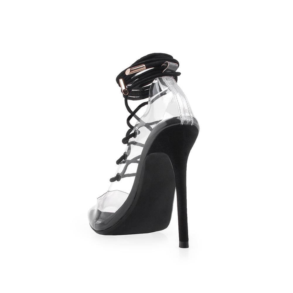 Transparent vinyl top women's heel with lace front in black-posterior view