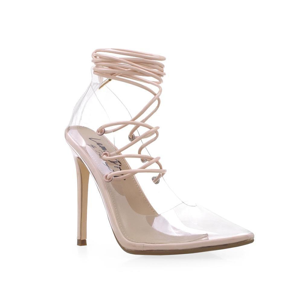 Transparent vinyl top women's heel with lace front in nude-corner view