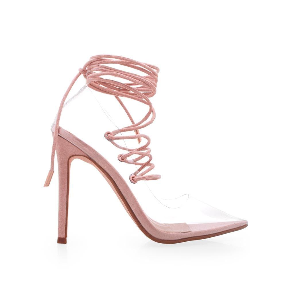 Transparent vinyl top women's heel with lace front in blush pink-side view