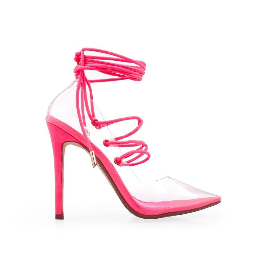 Transparent vinyl top women's heel with lace front in neon pink-side view