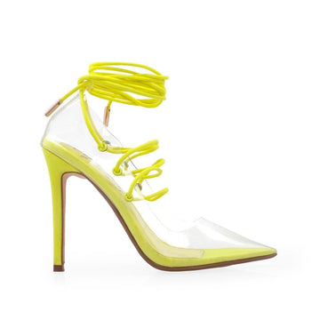 Transparent vinyl top women's heel with lace front in neon yellow-side view