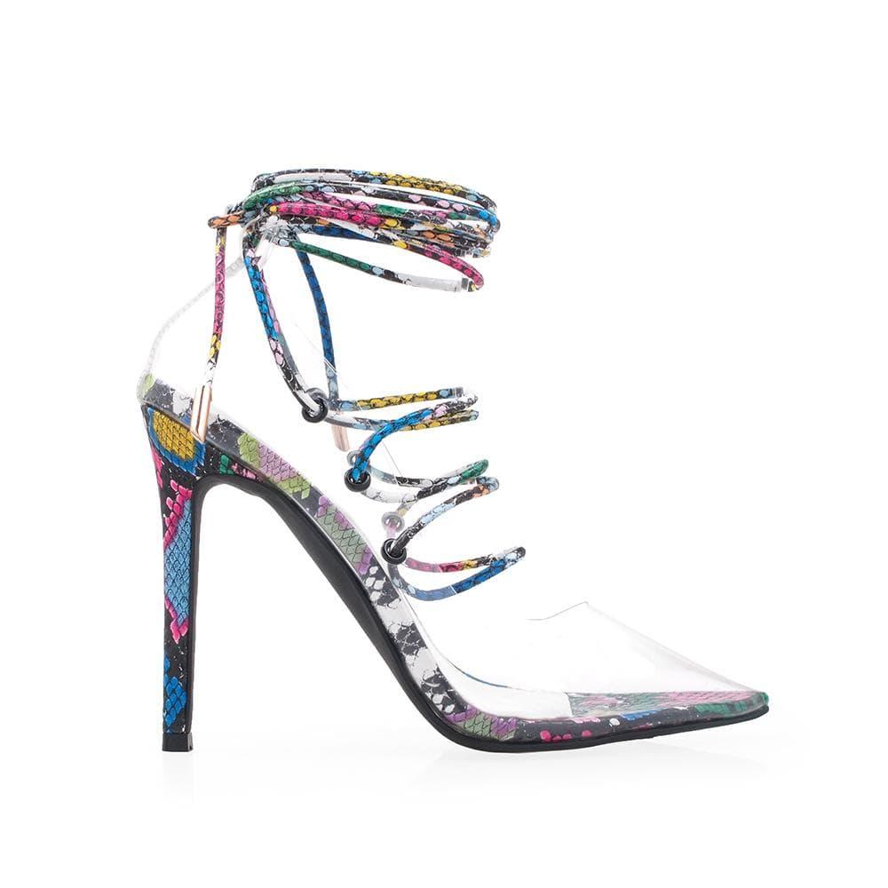 Transparent vinyl top women's heel with lace front in multi colour-side view