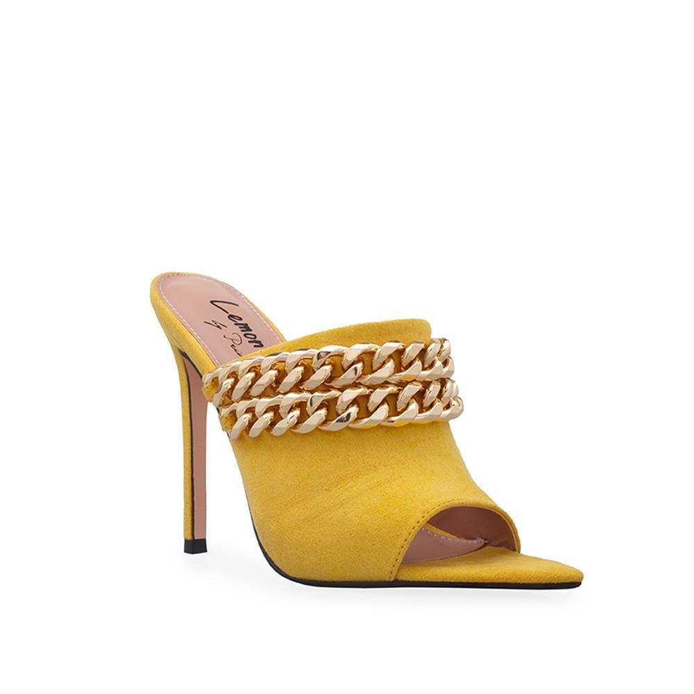 Yellow coloured vegan suede upper with gold chain-corner view