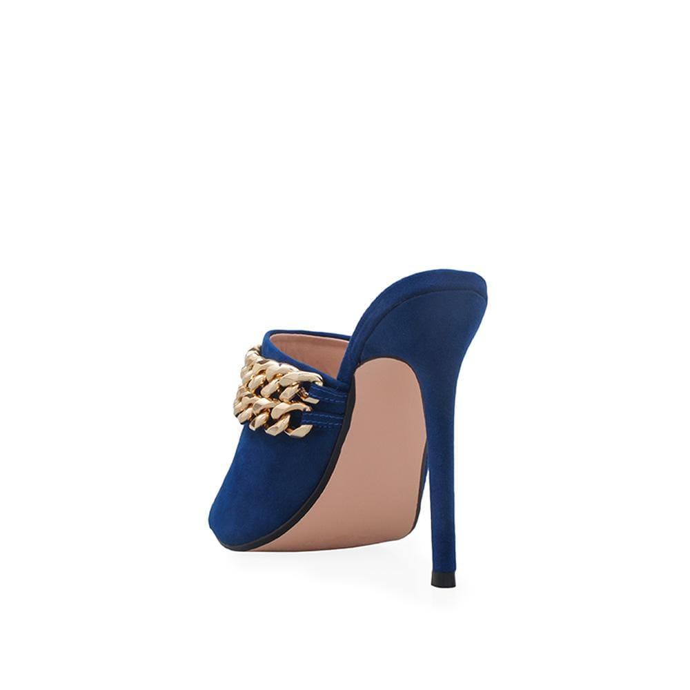 Navy coloured vegan suede upper with gold chain-posterior view