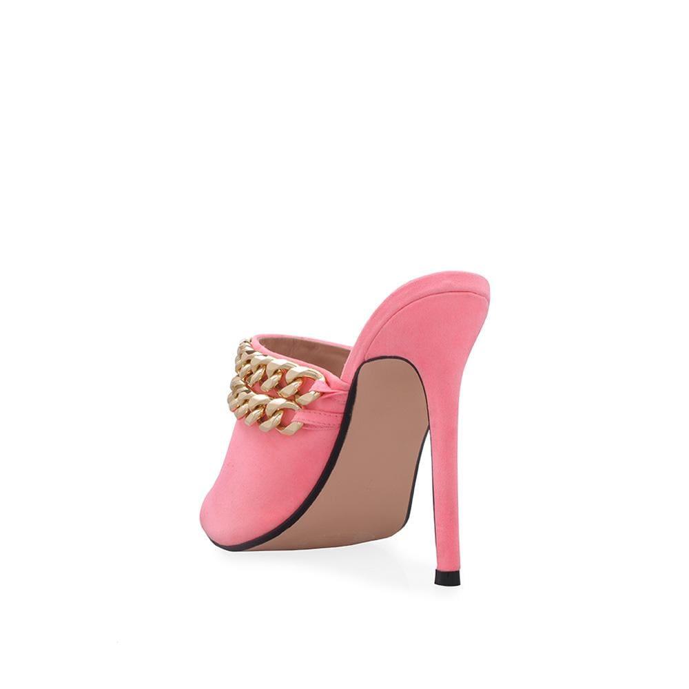 Pink coloured vegan suede upper with gold chain-posterior view