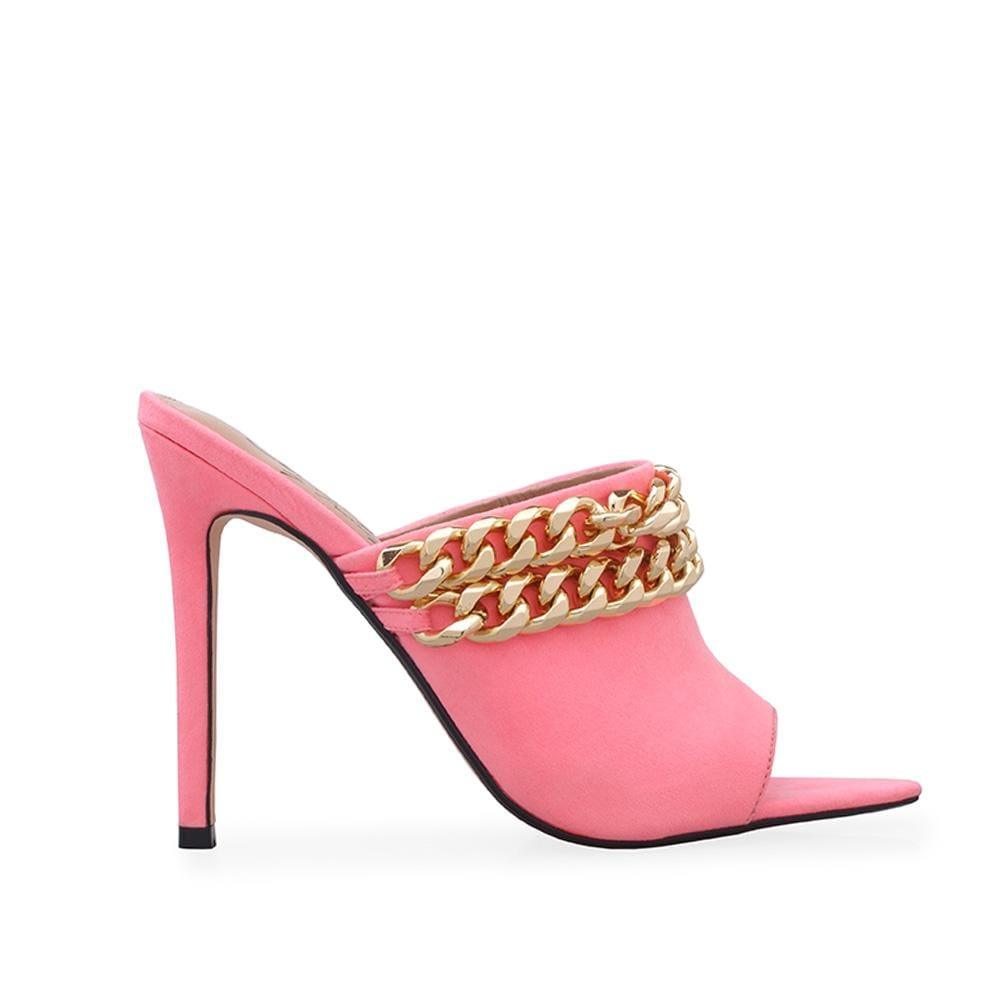 Pink coloured vegan suede upper with gold chain-side view