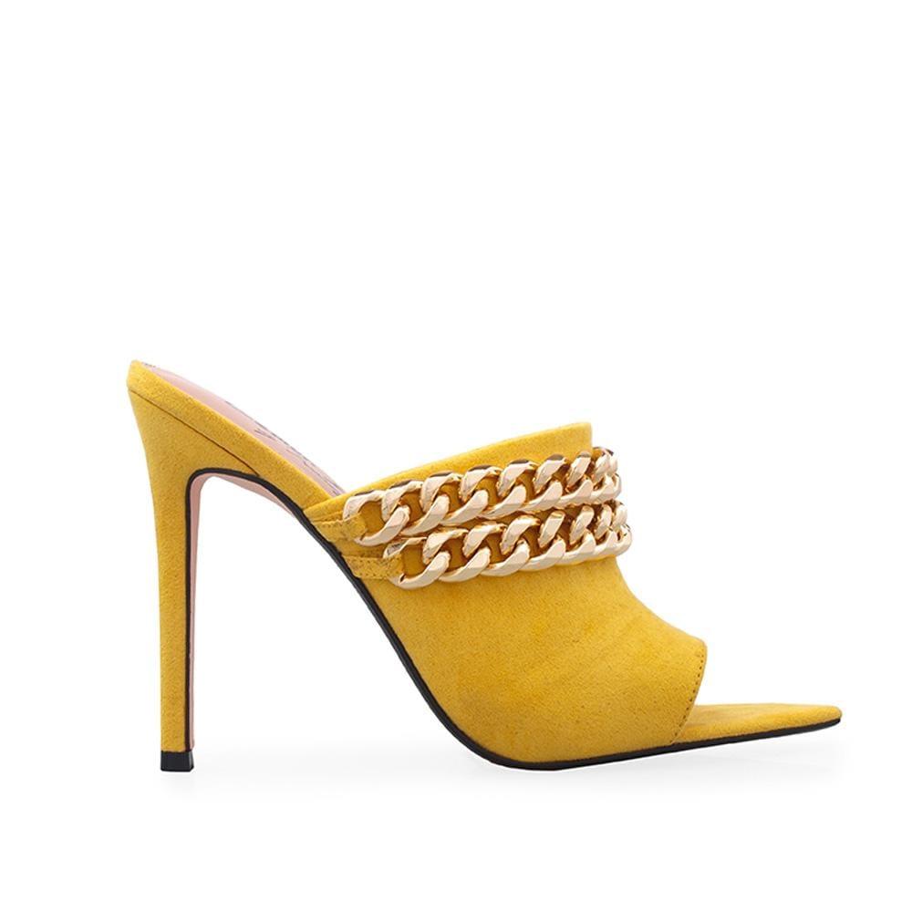 Yellow coloured vegan suede upper with gold chain-side view