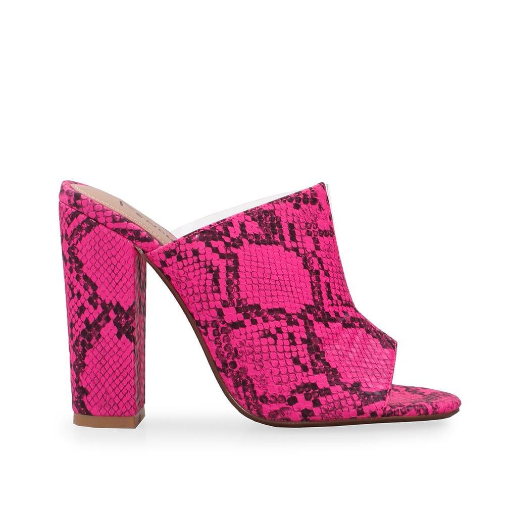 Clear vinyl and faux pink snakeskin upper women's block heel-side view