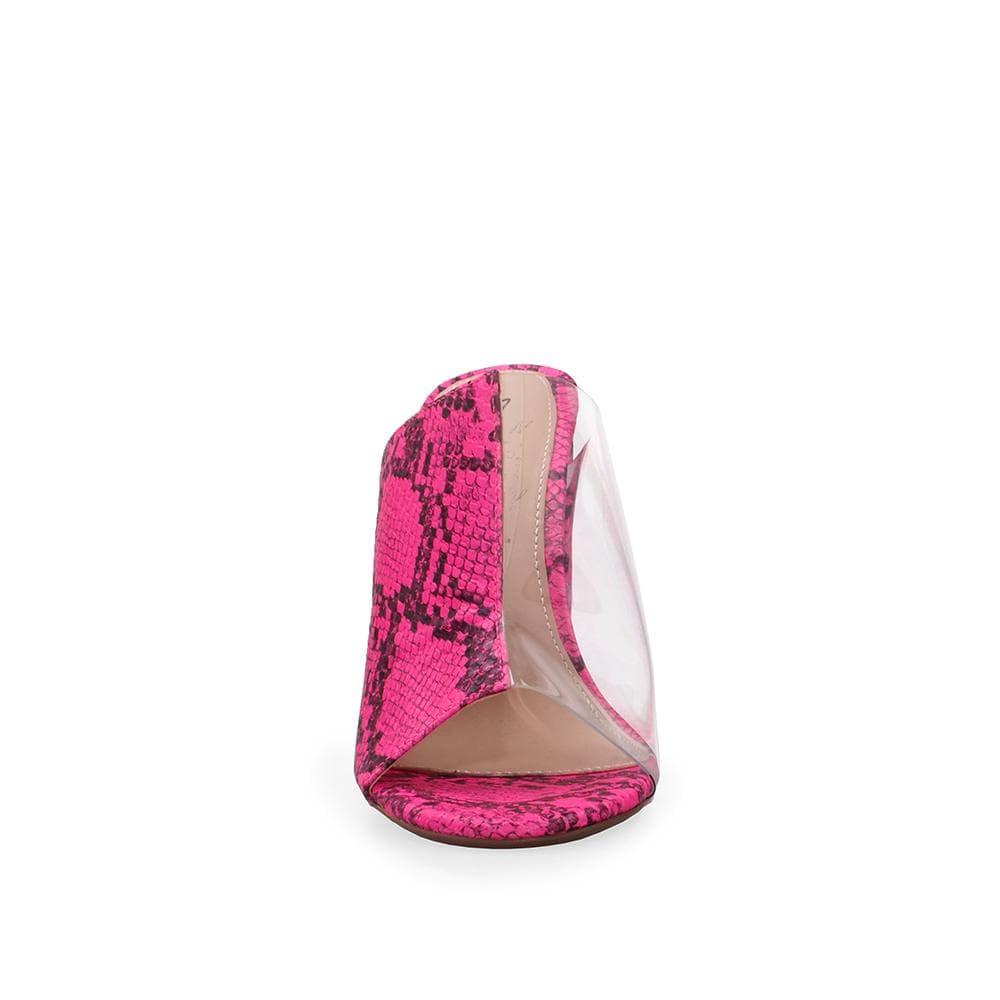 Clear vinyl and faux pink snakeskin upper women's block heel-front view