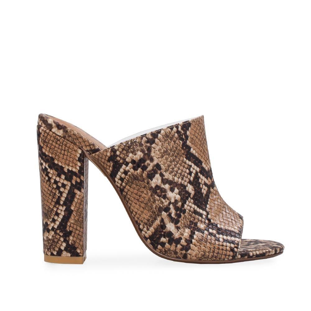 Clear vinyl and faux tan snakeskin upper women's block heel-side view