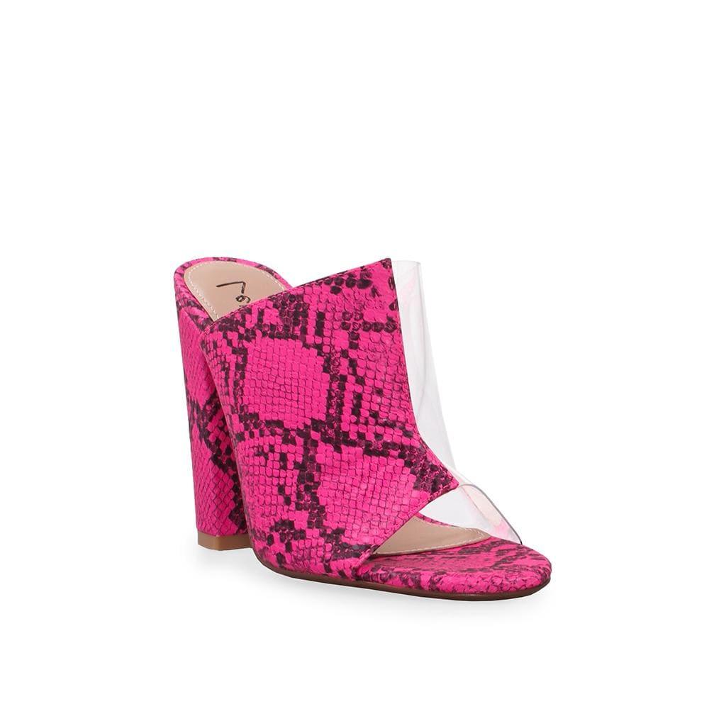 Clear vinyl and faux pink snakeskin upper women's block heel-corner view