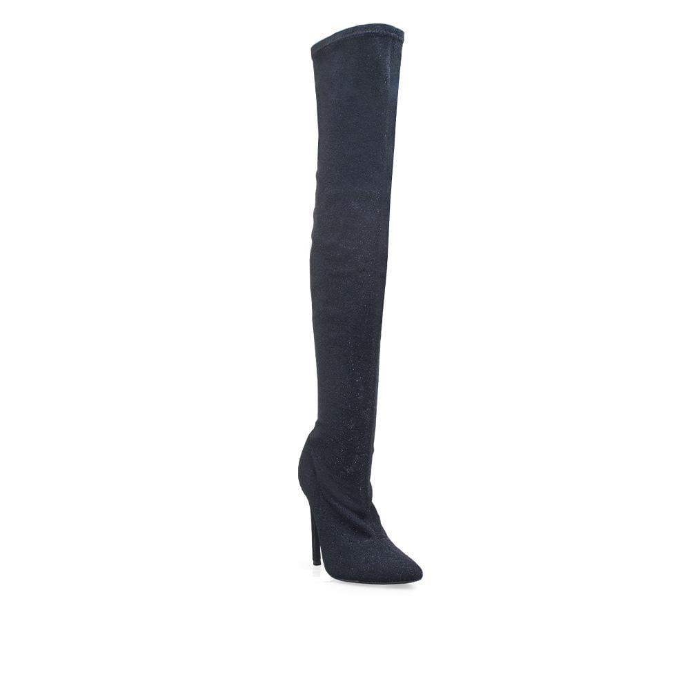 Fabric upper high knee women's heel boots in black-corner view